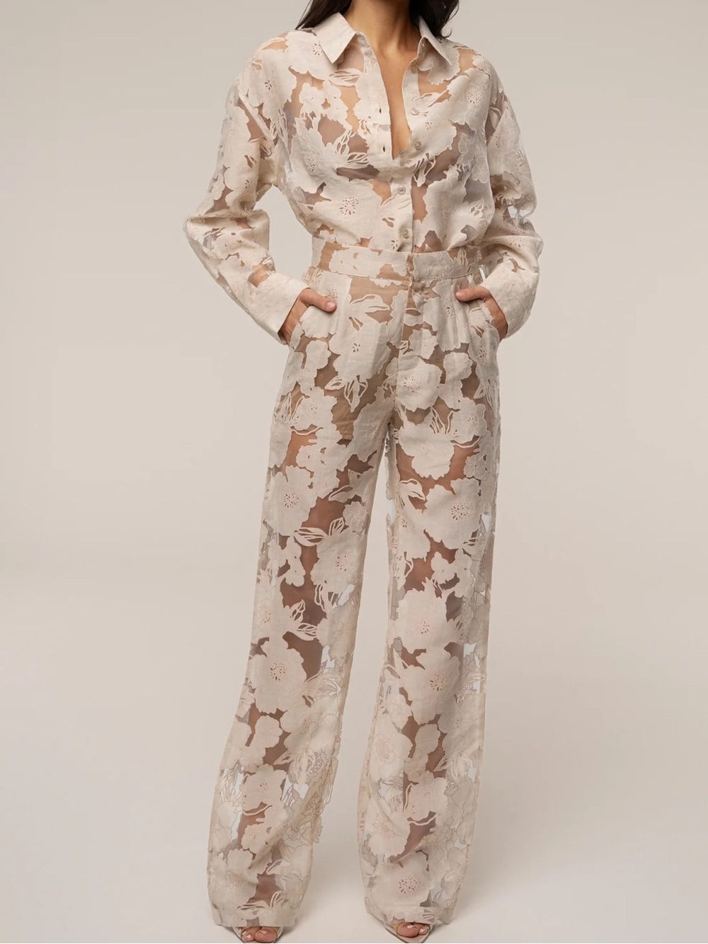 JLUXLABEL Beige Organza Floral Pant